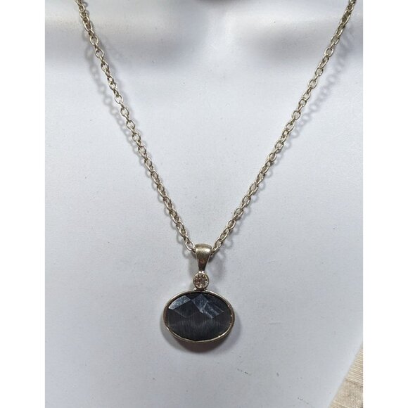 Whimsical Grey Faceted Cat Eye Glass Pendant Necklace With Rhinestone Accent - Picture 5 of 7
